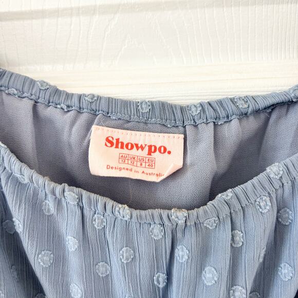 Showpo Blue Polka Dot Off Shoulder Party Life Mini Dress Size 8 Belted EUC - Picture 6 of 7